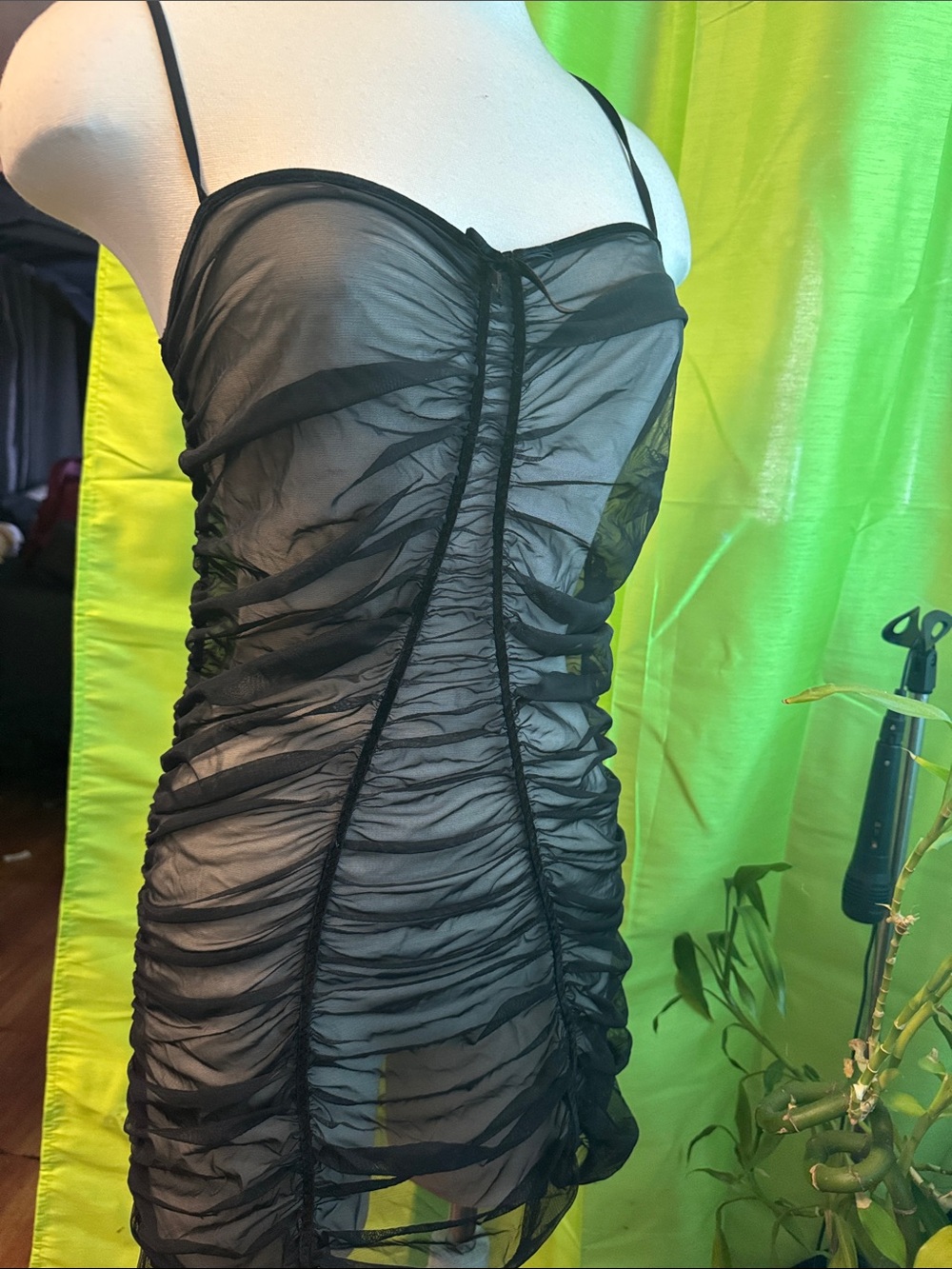 Sheer Ruched Black Slip Dress